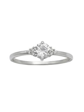 Sterling Silver Cubic Zirconia Solitaire Ring with Sparkling Accents